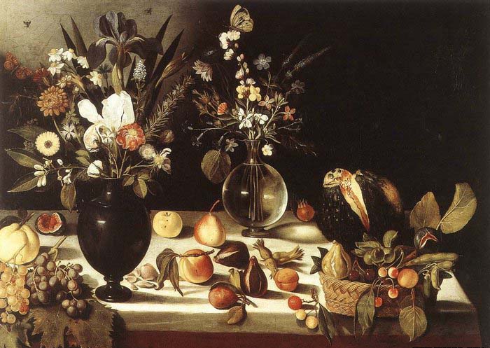 A Table Laden with Flowers and Fruit